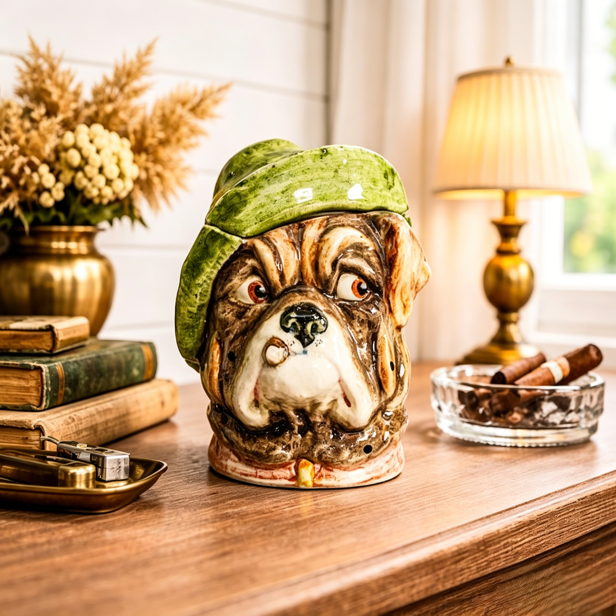 Wonderful Antique Bulldog Humidor Jar Ceramic Figural Tobacco Jar English Dog Head Lidded Jar Vintage Tobacciana Home Decor