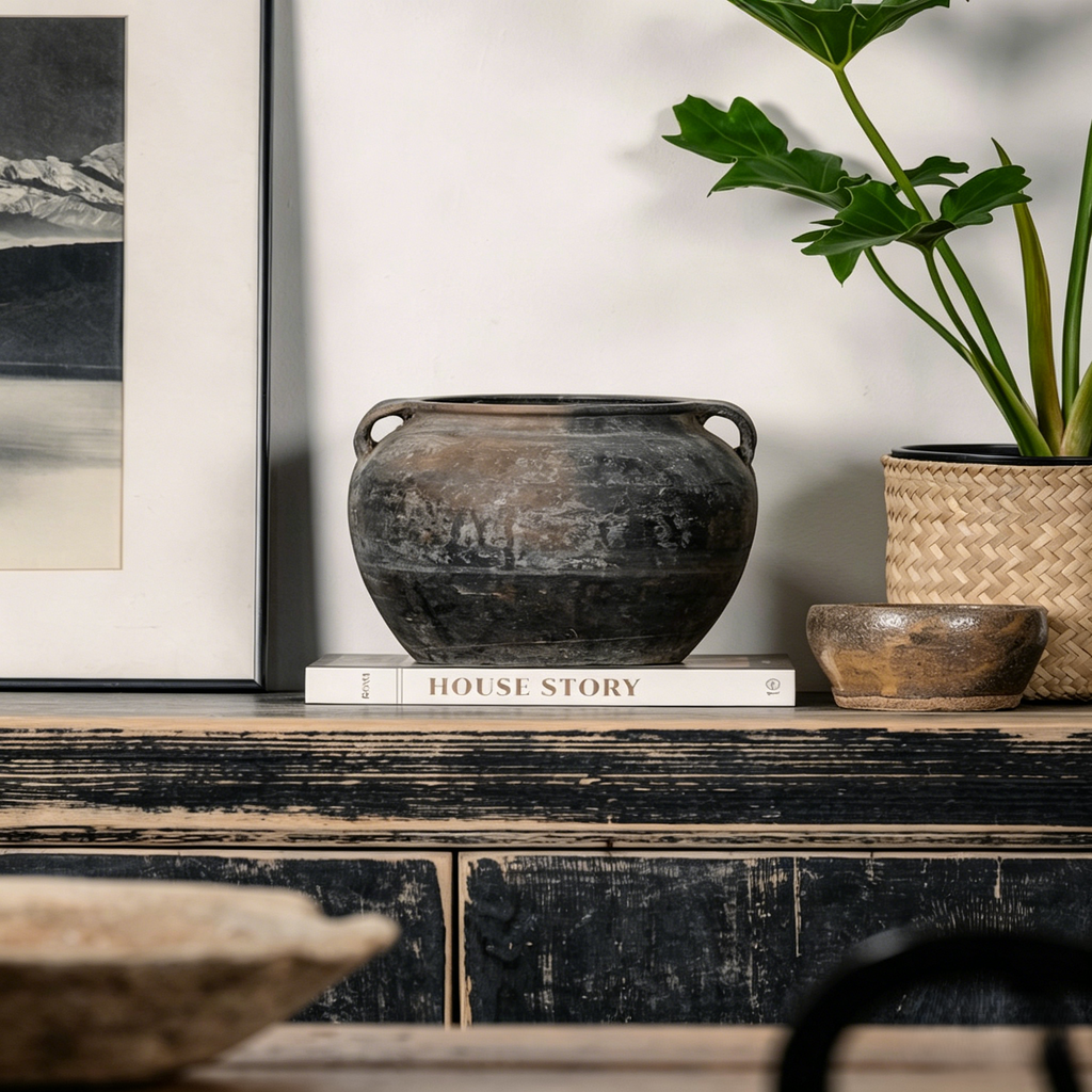 Handcrafted Clay Vintage Vase Rustic Pottery In Black and Grey with Handles