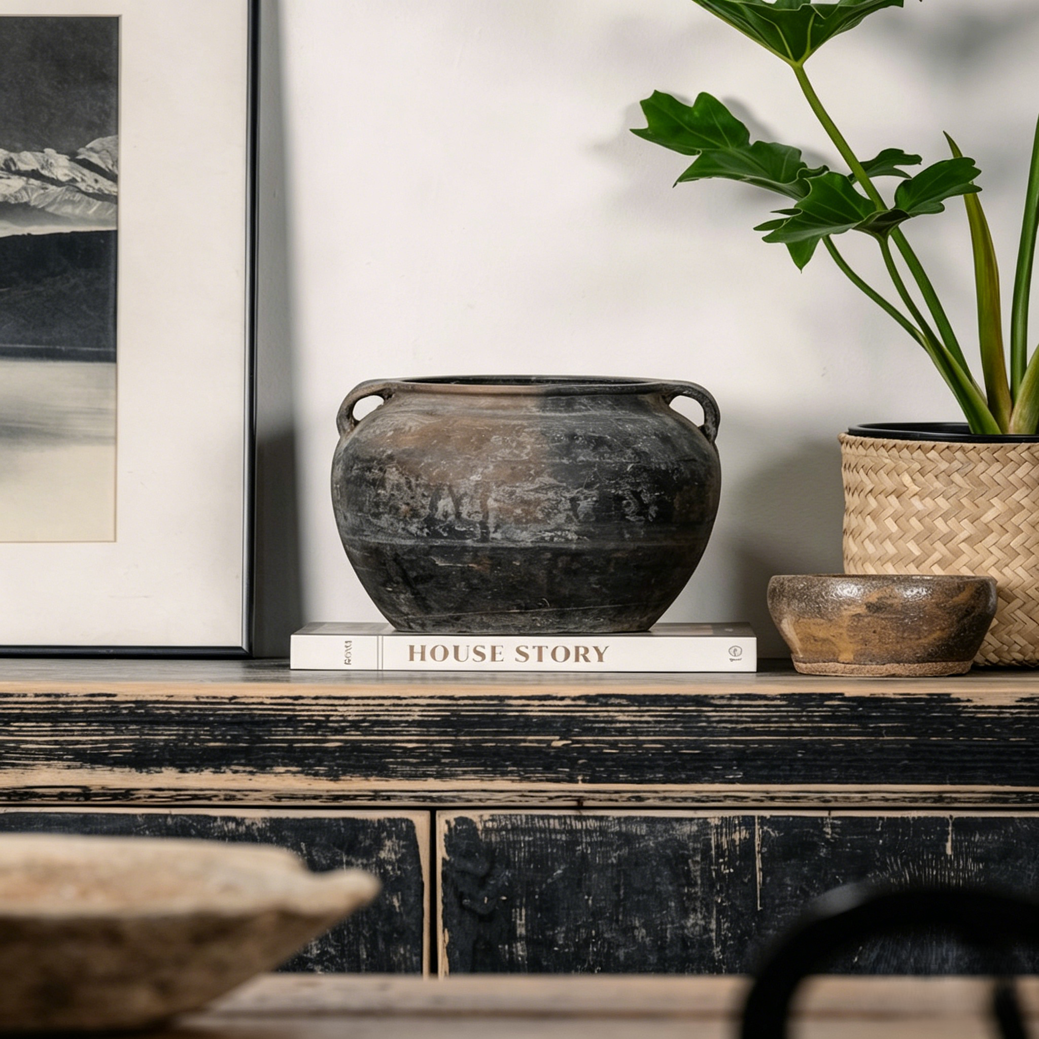 Handcrafted Clay Vintage Vase Rustic Pottery In Black and Grey with Handles