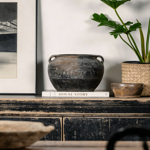 Handcrafted Clay Vintage Vase Rustic Pottery In Black and Grey with Handles