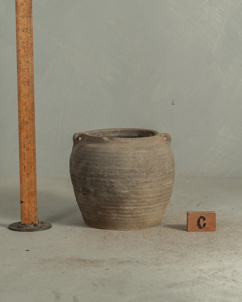 Handcrafted Clay Vintage Vase Rustic Pottery In Black and Grey with Handles