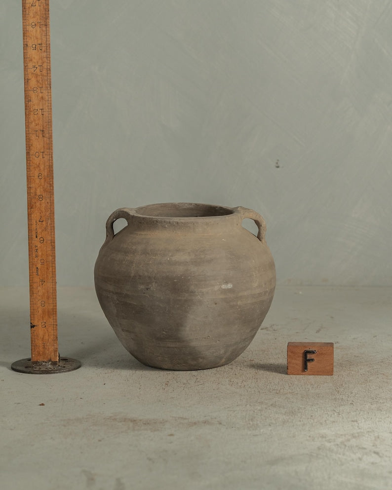 Handcrafted Clay Vintage Vase Rustic Pottery In Black and Grey with Handles