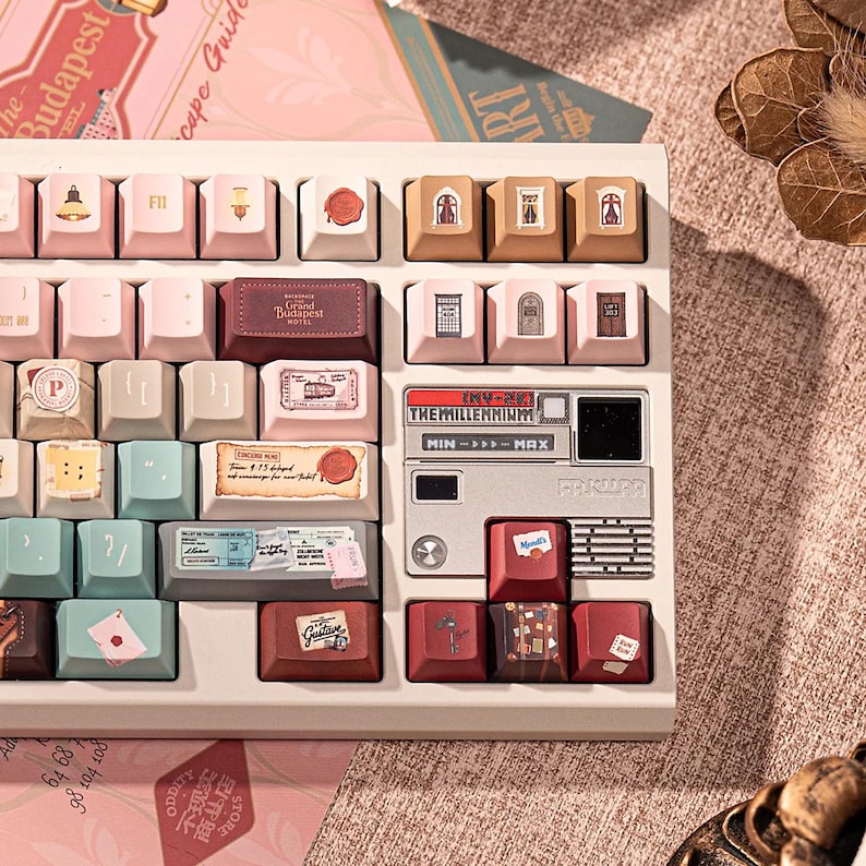 Grand Budapest–Inspired Keycaps | Vintage Hotel Keyboard Set | Pastel Pink Film Art Mechanical Keycaps