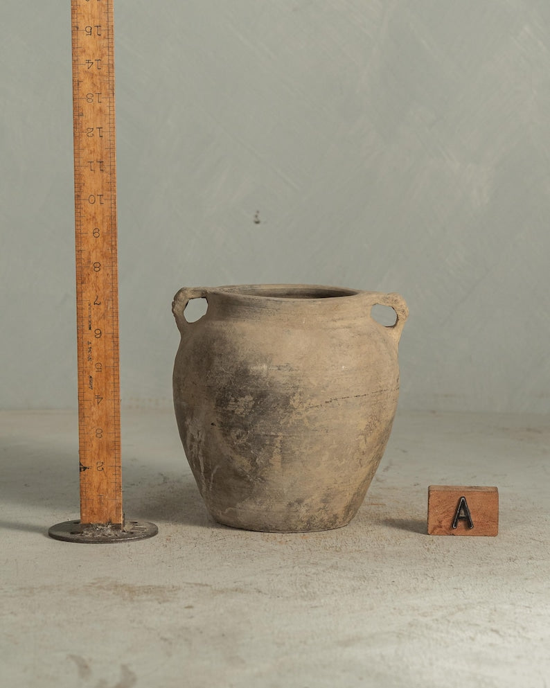 Handcrafted Clay Vintage Vase Rustic Pottery In Black and Grey with Handles