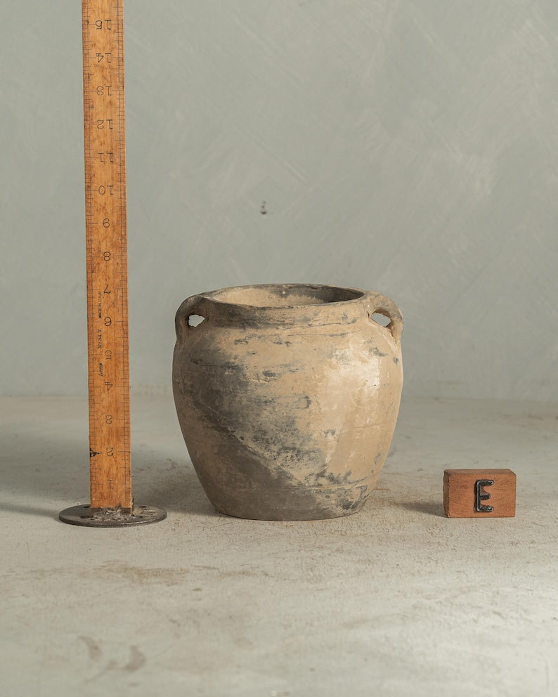Handcrafted Clay Vintage Vase Rustic Pottery In Black and Grey with Handles