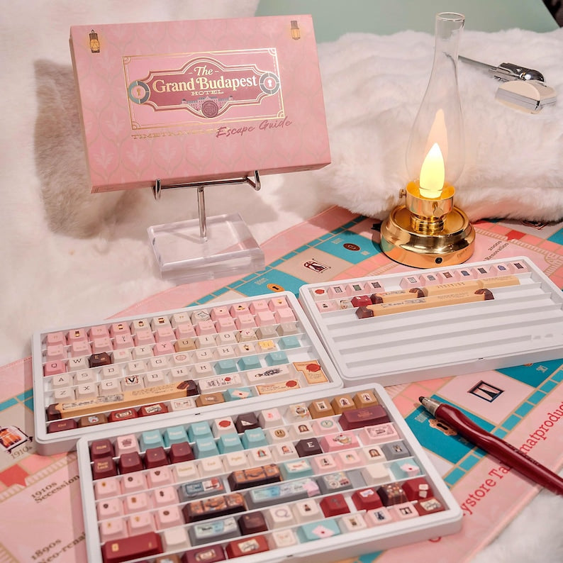 Grand Budapest–Inspired Keycaps | Vintage Hotel Keyboard Set | Pastel Pink Film Art Mechanical Keycaps