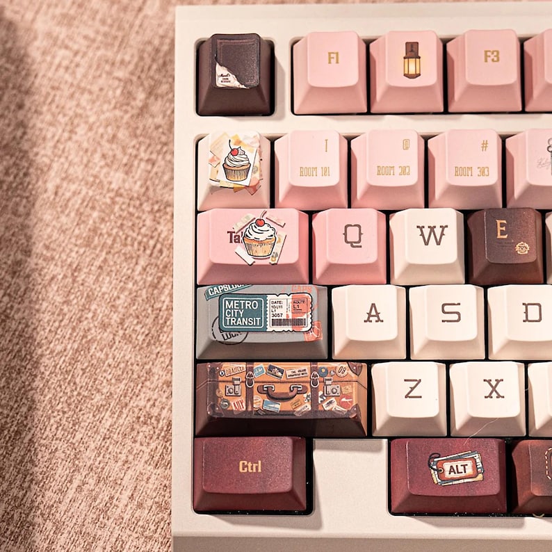 Grand Budapest–Inspired Keycaps | Vintage Hotel Keyboard Set | Pastel Pink Film Art Mechanical Keycaps
