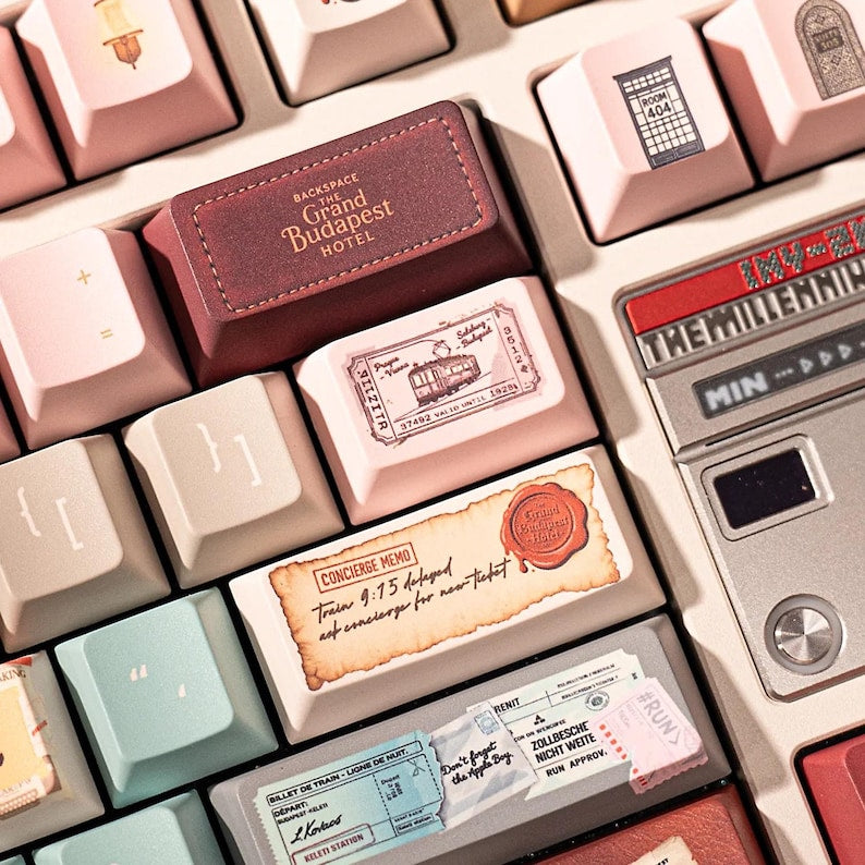 Grand Budapest–Inspired Keycaps | Vintage Hotel Keyboard Set | Pastel Pink Film Art Mechanical Keycaps