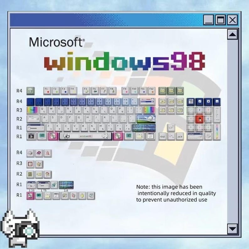 Crazy Win98 Retro Pixel Keycap Set – 126 Keys PBT Cherry Profile – Classic 90s Desktop Neko – Vintage Pixel Style Artisan Keycaps