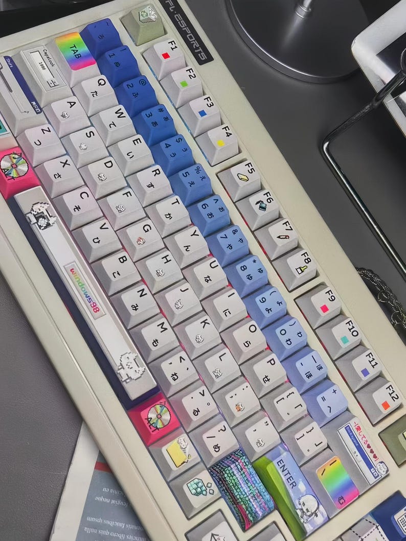 Crazy Win98 Retro Pixel Keycap Set – 126 Keys PBT Cherry Profile – Classic 90s Desktop Neko – Vintage Pixel Style Artisan Keycaps