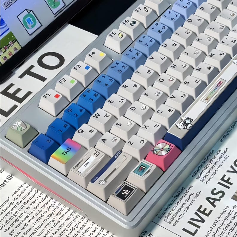 Crazy Win98 Retro Pixel Keycap Set – 126 Keys PBT Cherry Profile – Classic 90s Desktop Neko – Vintage Pixel Style Artisan Keycaps