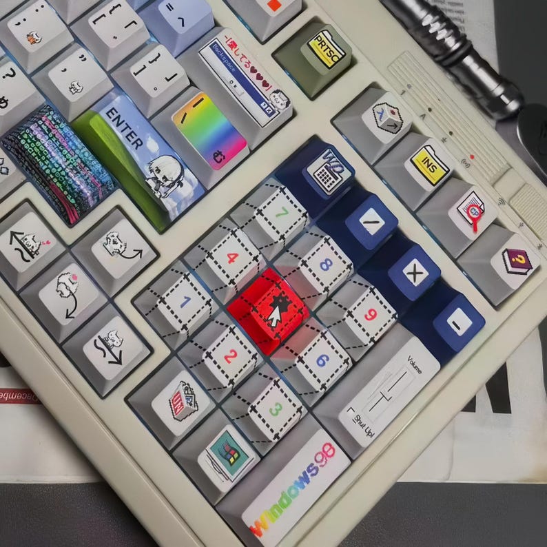 Crazy Win98 Retro Pixel Keycap Set – 126 Keys PBT Cherry Profile – Classic 90s Desktop Neko – Vintage Pixel Style Artisan Keycaps