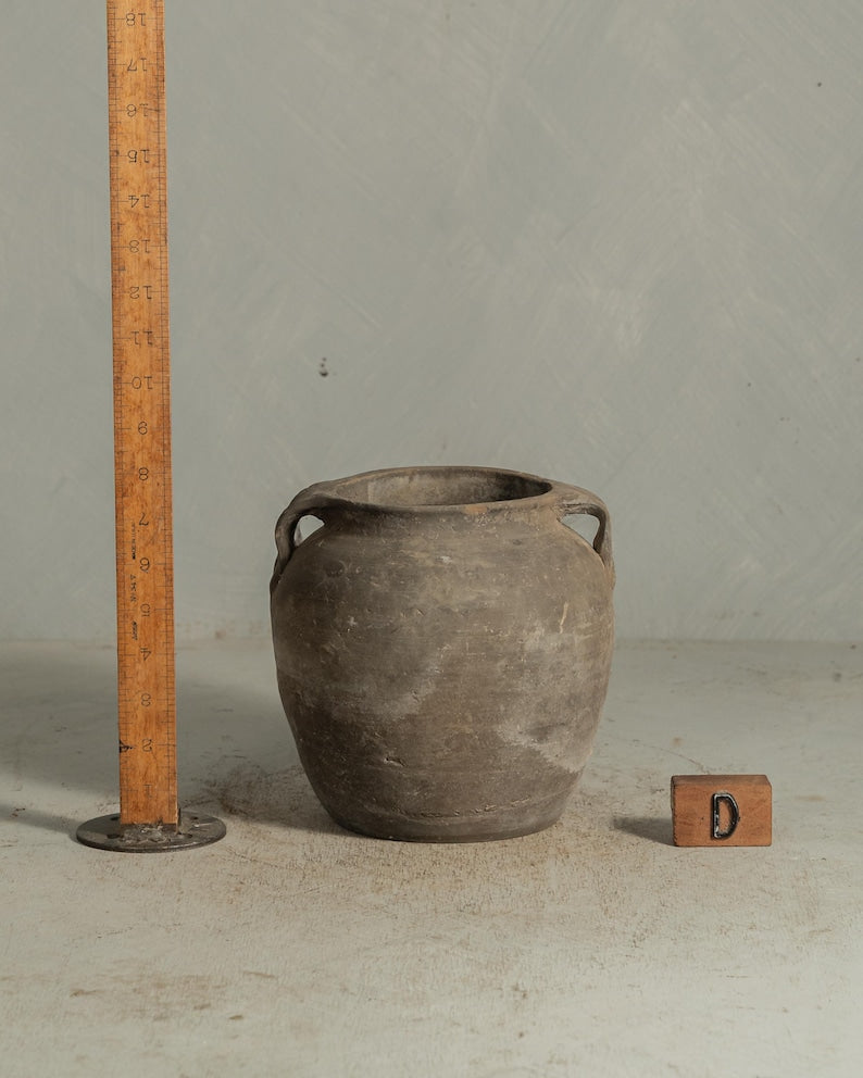 Handcrafted Clay Vintage Vase Rustic Pottery In Black and Grey with Handles