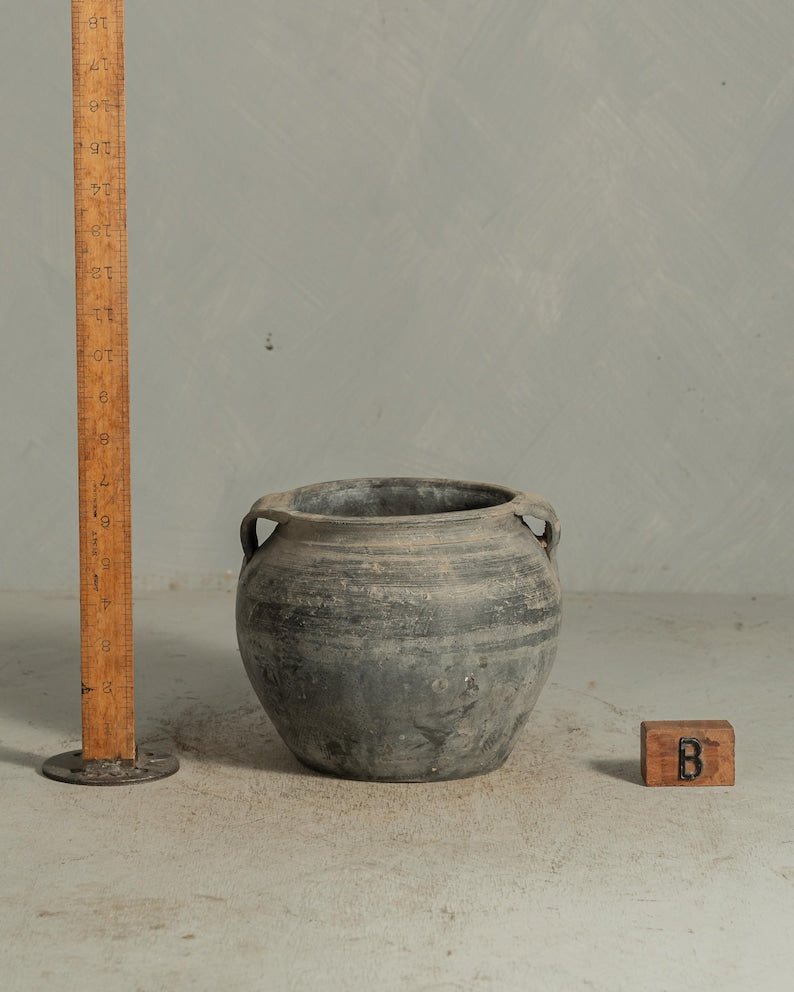 Handcrafted Clay Vintage Vase Rustic Pottery In Black and Grey with Handles