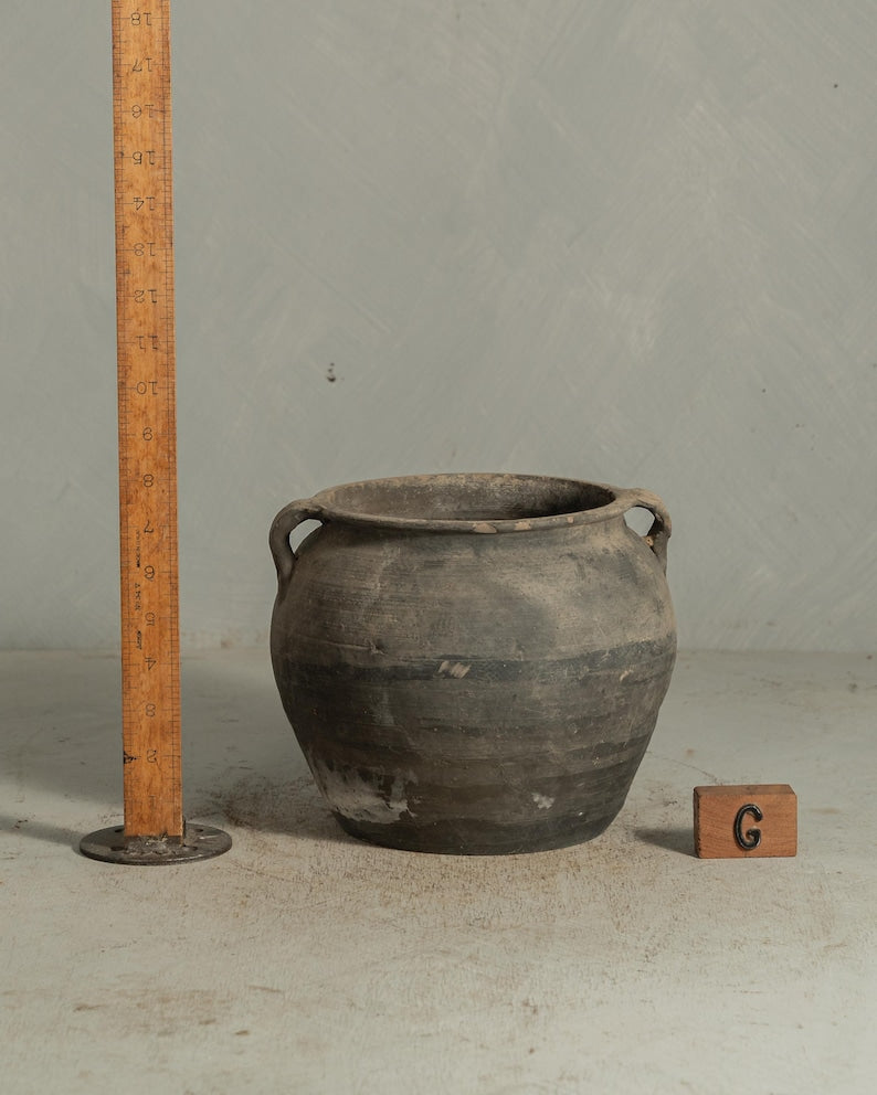 Handcrafted Clay Vintage Vase Rustic Pottery In Black and Grey with Handles