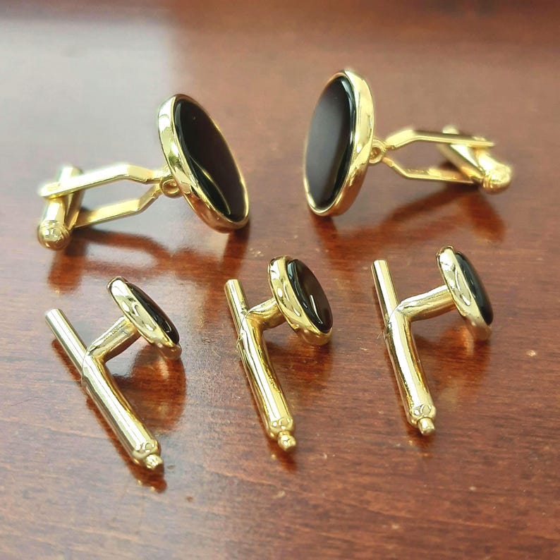 Onyx Tuxedo Cufflinks & Studs 5 Piece Set, 1950s 12K Gold Filled Formal Tux Accessories, Vintage Black Tie Shirt Studs for Wedding Groom