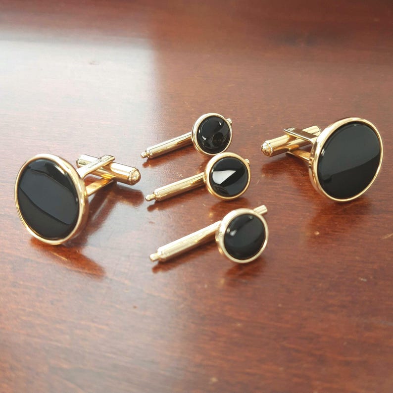 Onyx Tuxedo Cufflinks & Studs 5 Piece Set, 1950s 12K Gold Filled Formal Tux Accessories, Vintage Black Tie Shirt Studs for Wedding Groom