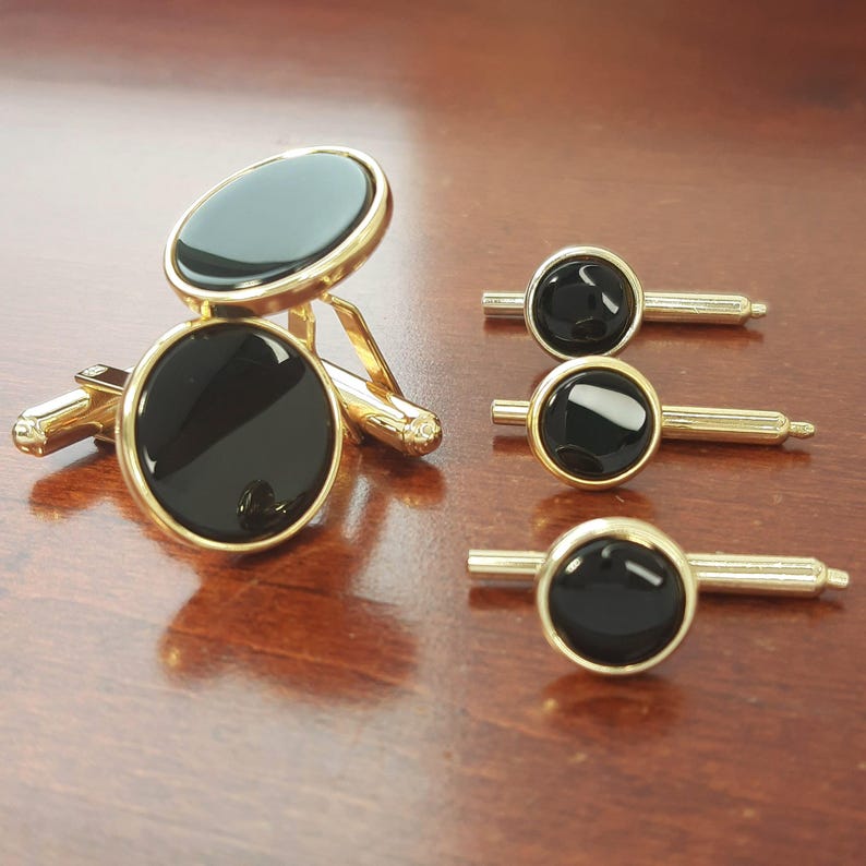 Onyx Tuxedo Cufflinks & Studs 5 Piece Set, 1950s 12K Gold Filled Formal Tux Accessories, Vintage Black Tie Shirt Studs for Wedding Groom