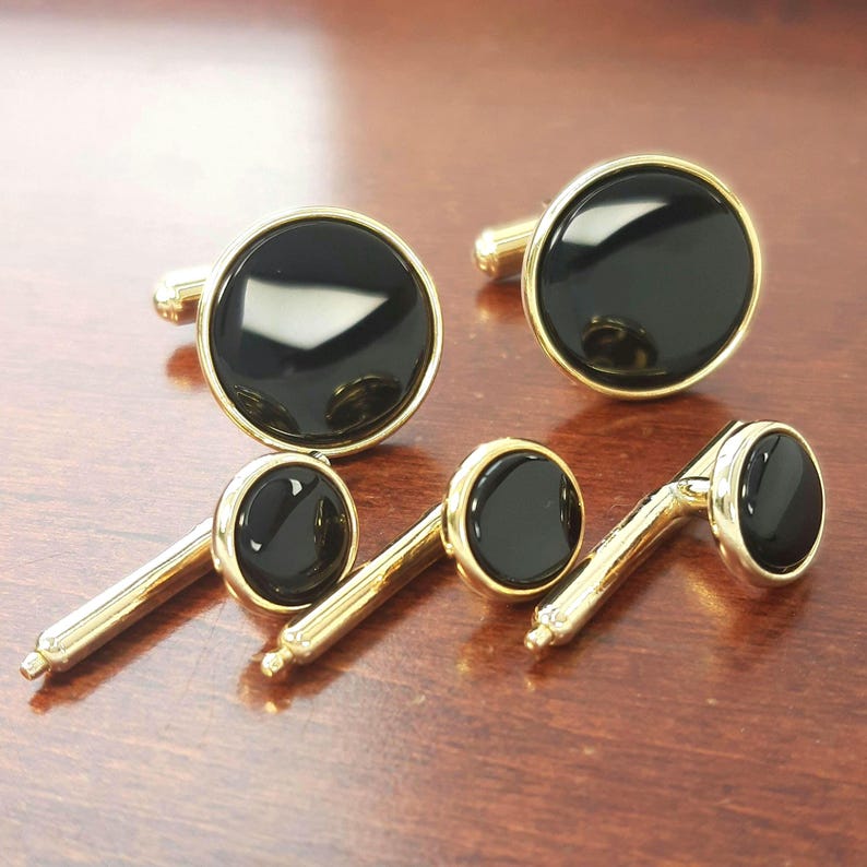 Onyx Tuxedo Cufflinks & Studs 5 Piece Set, 1950s 12K Gold Filled Formal Tux Accessories, Vintage Black Tie Shirt Studs for Wedding Groom