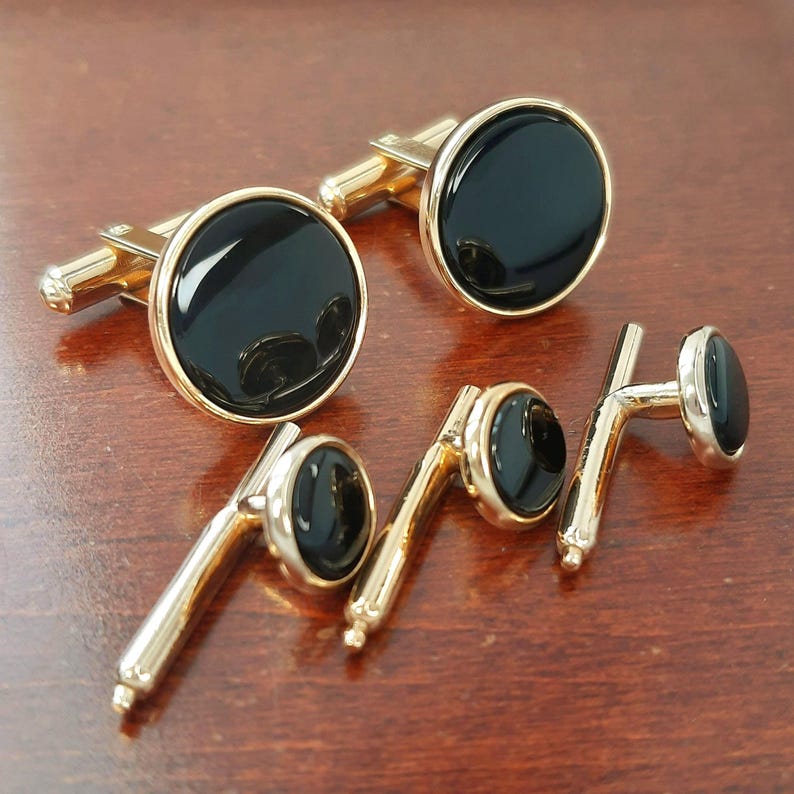 Onyx Tuxedo Cufflinks & Studs 5 Piece Set, 1950s 12K Gold Filled Formal Tux Accessories, Vintage Black Tie Shirt Studs for Wedding Groom
