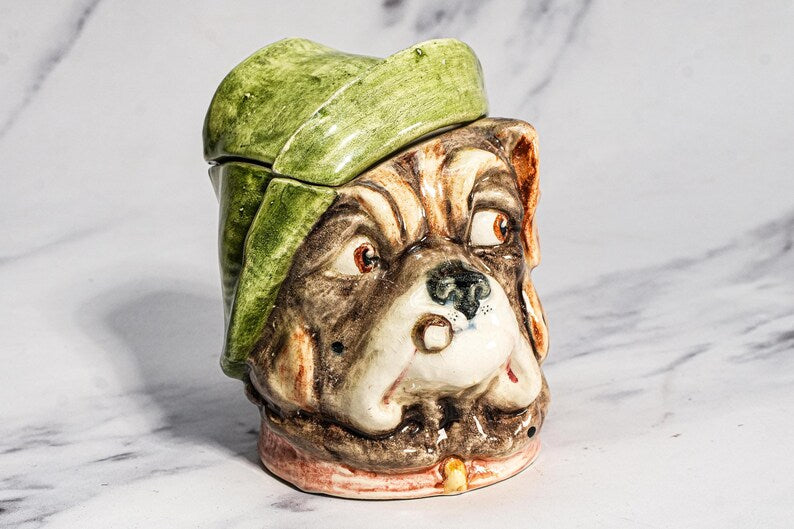 Wonderful Antique Bulldog Humidor Jar Ceramic Figural Tobacco Jar English Dog Head Lidded Jar Vintage Tobacciana Home Decor