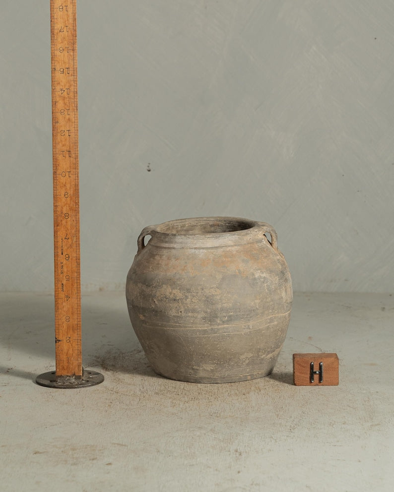 Handcrafted Clay Vintage Vase Rustic Pottery In Black and Grey with Handles