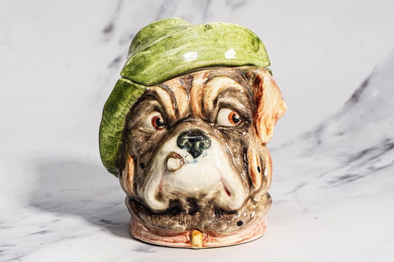 Wonderful Antique Bulldog Humidor Jar Ceramic Figural Tobacco Jar English Dog Head Lidded Jar Vintage Tobacciana Home Decor