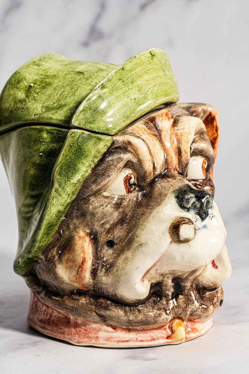 Wonderful Antique Bulldog Humidor Jar Ceramic Figural Tobacco Jar English Dog Head Lidded Jar Vintage Tobacciana Home Decor